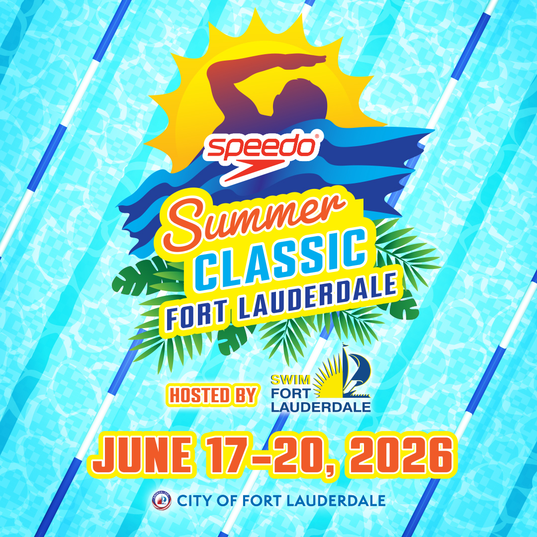 Colorful logo for Speedo Summer Classic swim event in Fort Lauderdale, June 17-20, 2026, with sun, swimmer silhouette, and tropical leaves.