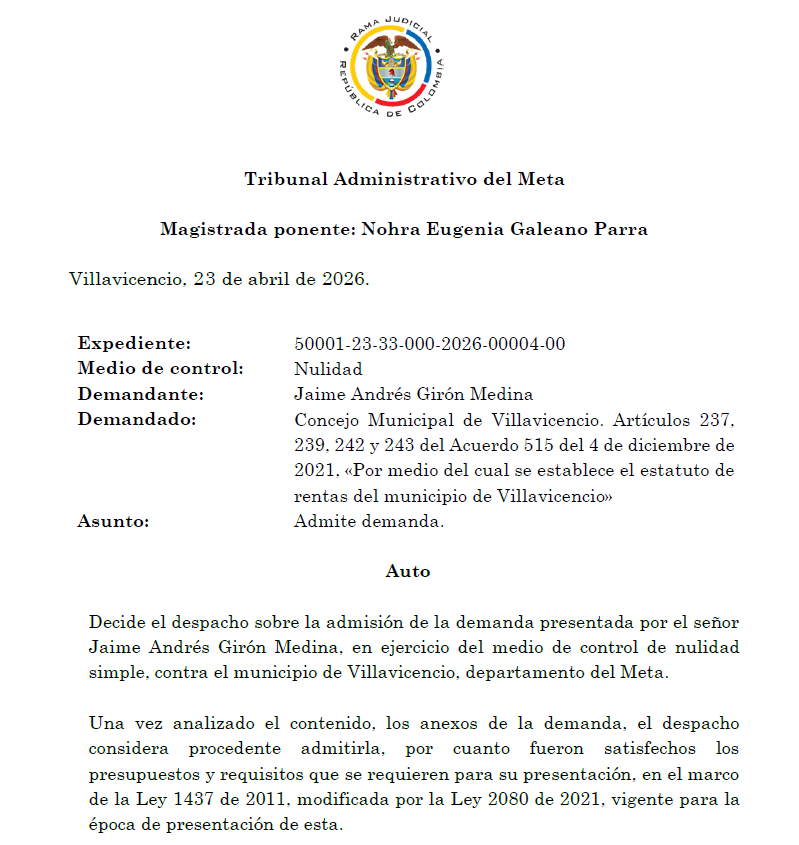 TADMETA's tweet photo. @TADMETA Publica Auto que admite medio de control de NULIDAD SIMPLE instaurada por JAIME ANDRÉS GIRÓN MEDINA contra CONCEJO MUNICIPAL DE VILLAVICENCIO – Acuerdo 515 del 04/dic/2021. Para más información visita el enlace https://t.co/Cey5JxrOKY https://t.co/kh1SHegYOG