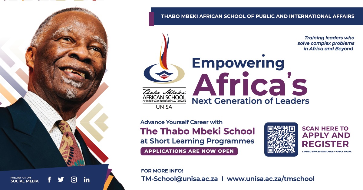 MbekiSchool's tweet photo. Shape the future through leadership.

UNISA’s Thabo Mbeki African School short courses are now accepting applications. Learn to navigate complex challenges and drive positive change.

📅 Applications close 30 June 2026.