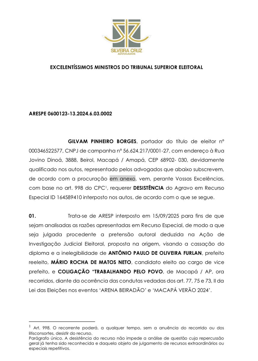 alipiojunior's tweet photo. Gilvam Borges protocolou a desistência do processo contra Antônio Furlan e Mário Neto no TSE. https://t.co/KvBo3abCoM