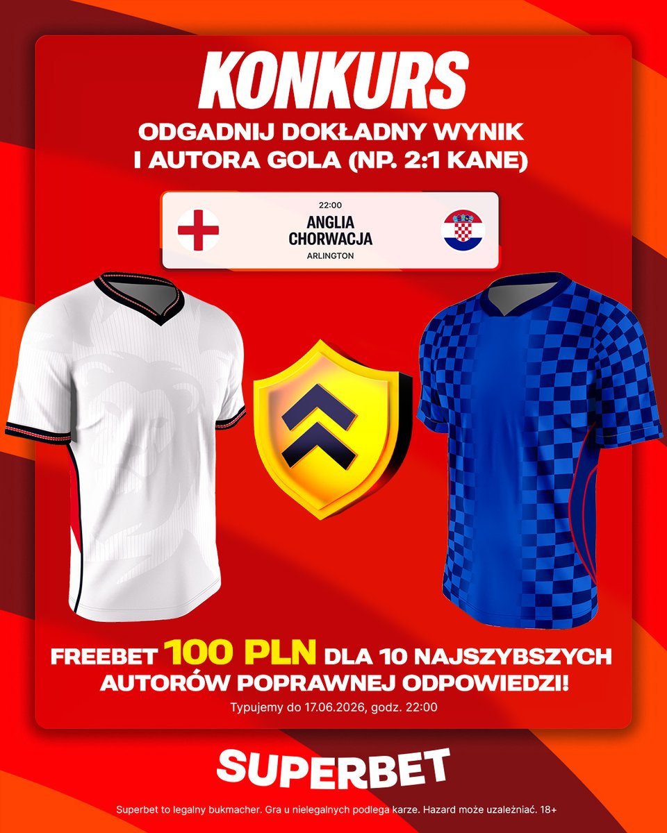 SuperbetPL's tweet photo. #KONKURS! Wytypuj w odpowiedziach dokładny wynik oraz autora gola ⚽️ w meczu Anglia - Chorwacja i zgarnij freebet!

 -- 
✅ Zaobserwuj @SuperbetPL 
❤️ Polub wpis i 🔄 podaj go dalej 
👤 Dodaj nick z Superbet 
🎁 Nagroda = FREEBET 100 PLN 
Regulamin: https://t.co/quNbhzbxNj https://t.co/twd144xEOH