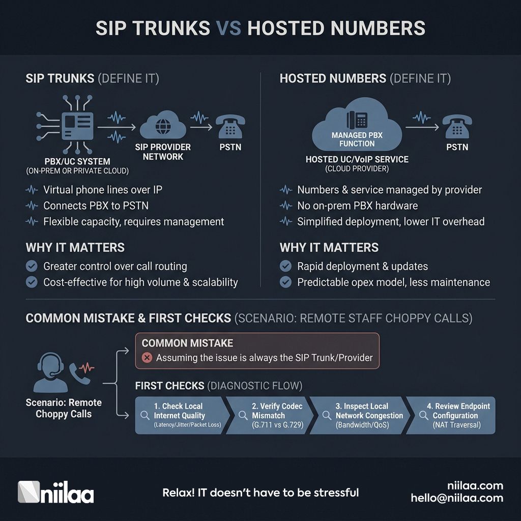 niilaaLLC's tweet photo. SIP trunks vs hosted numbers: trunks = carrier link to your PBX with more control (routing, failover, QoS, often SBC). Hosted numbers = provider manages more of the PSTN side, usually simpler but fewer advanced knobs. #VoIP #SIP https://t.co/YfoKZDPE4E