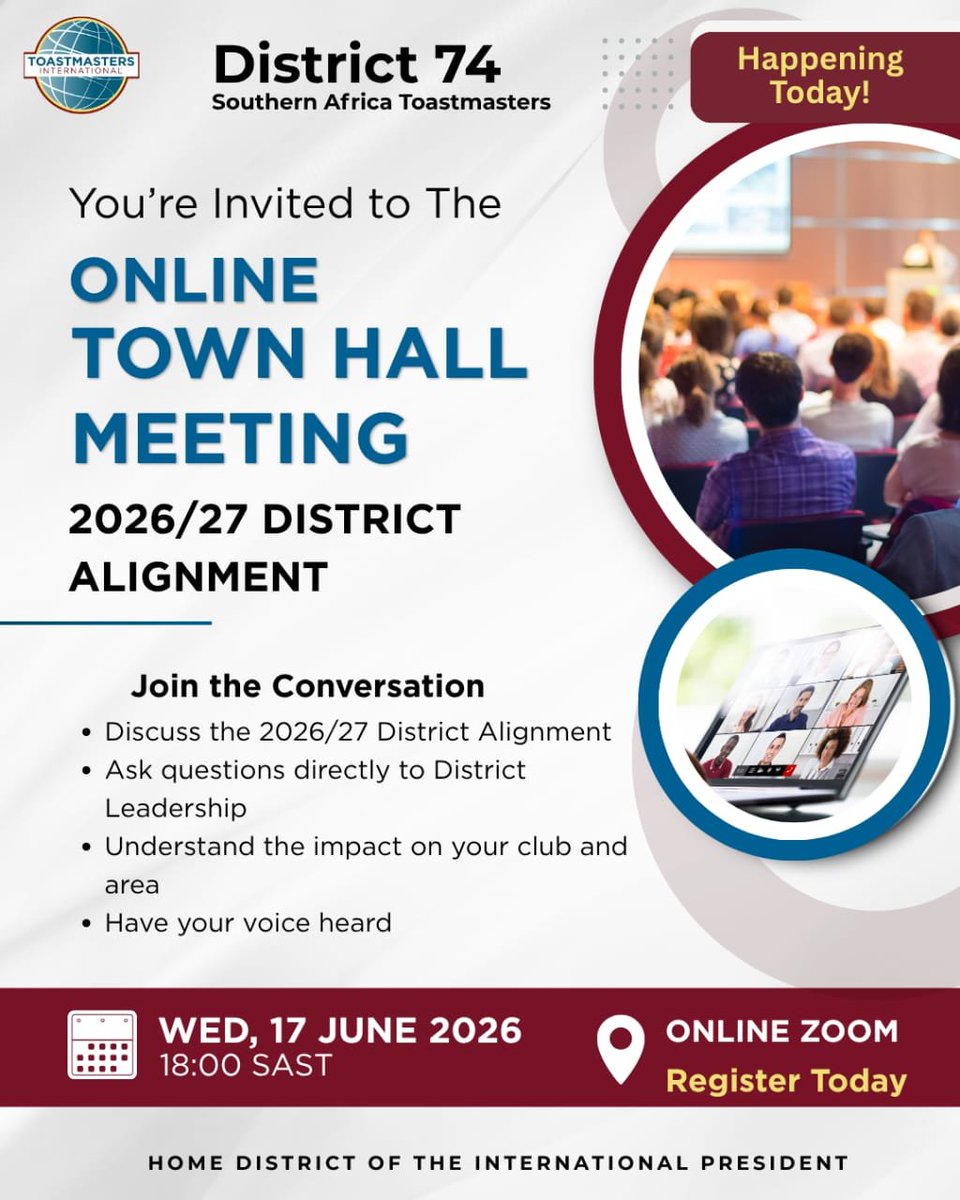 TMI74's tweet photo. 🔴 Happening Today!

📢 Calling all:
🔹 District Executive Committee Members
🔹 Club Presidents
🔹 Club VPEs
🔹 Incoming Presidents
🔹 Incoming VPEs

Today – Wed, 17 June 2026
18:00 SAST
Online via Zoom
Register today
https://t.co/yTpkmH46nY 

#District74 
#Toastmasters https://t.co/2B5DtAsNsM