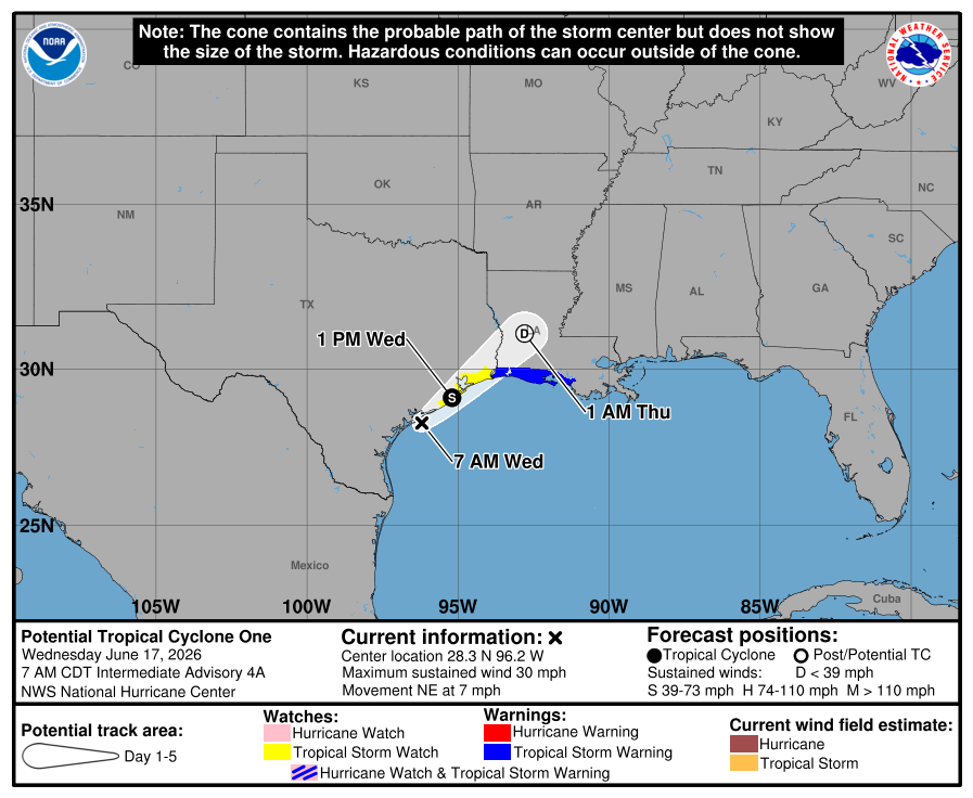 atlanticstorms's tweet photo. #POTENTIALTROPICALCYCLONEOne [Speed Incr] Heading NE @ 7 mph. Wind @ 30 mph. Location N:28.3 W:-96.2 #Hurricane #One Messi https://t.co/799lzZubOU