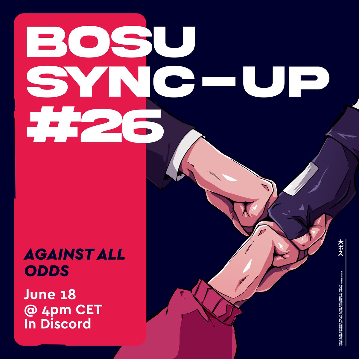 finalbosuX's tweet photo. BOSU SYNC-UP #26.

Curious about what Final Bosu has been cooking? Join us on Discord tomorrow to find out.

See you there, AAO. https://t.co/78LHYfvEMP