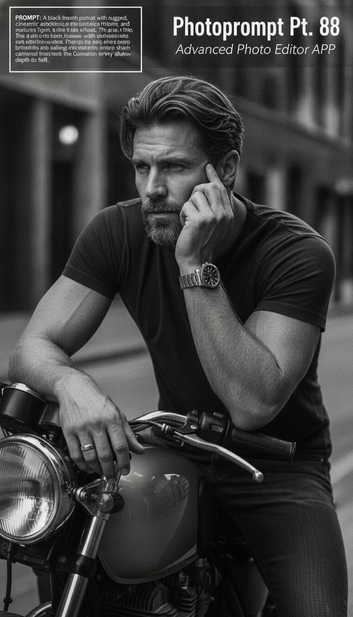 Prompt1Studio's tweet photo. Prompt: A black-and-white portrait with a rugged, cinematic aesthetic captures a male figure seated on a classic motorcycle (café racer or bobber style). The subject is leaning forward over the handlebars, striking a t...
  #aigeneratedart,#promptshare,#CreativeAIEditing https://t.co/eUWGGNDK81