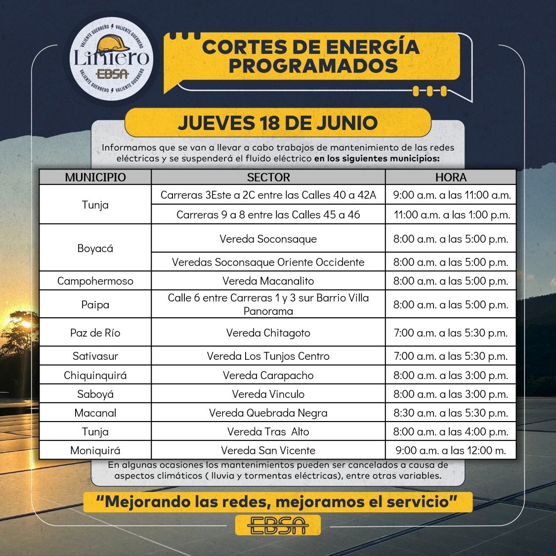 EBSApuraenergia's tweet photo. 🕯️ #CortesProgramados | Jueves 18 de junio 🗓️ Programación de suspensiones en el servicio de 💡energía, para el mantenimiento e instalación de redes. Infórmate sobre las suspensiones en tu área visitando ➡️ https://t.co/KgWWp97do4 https://t.co/8hvxY0TKQu