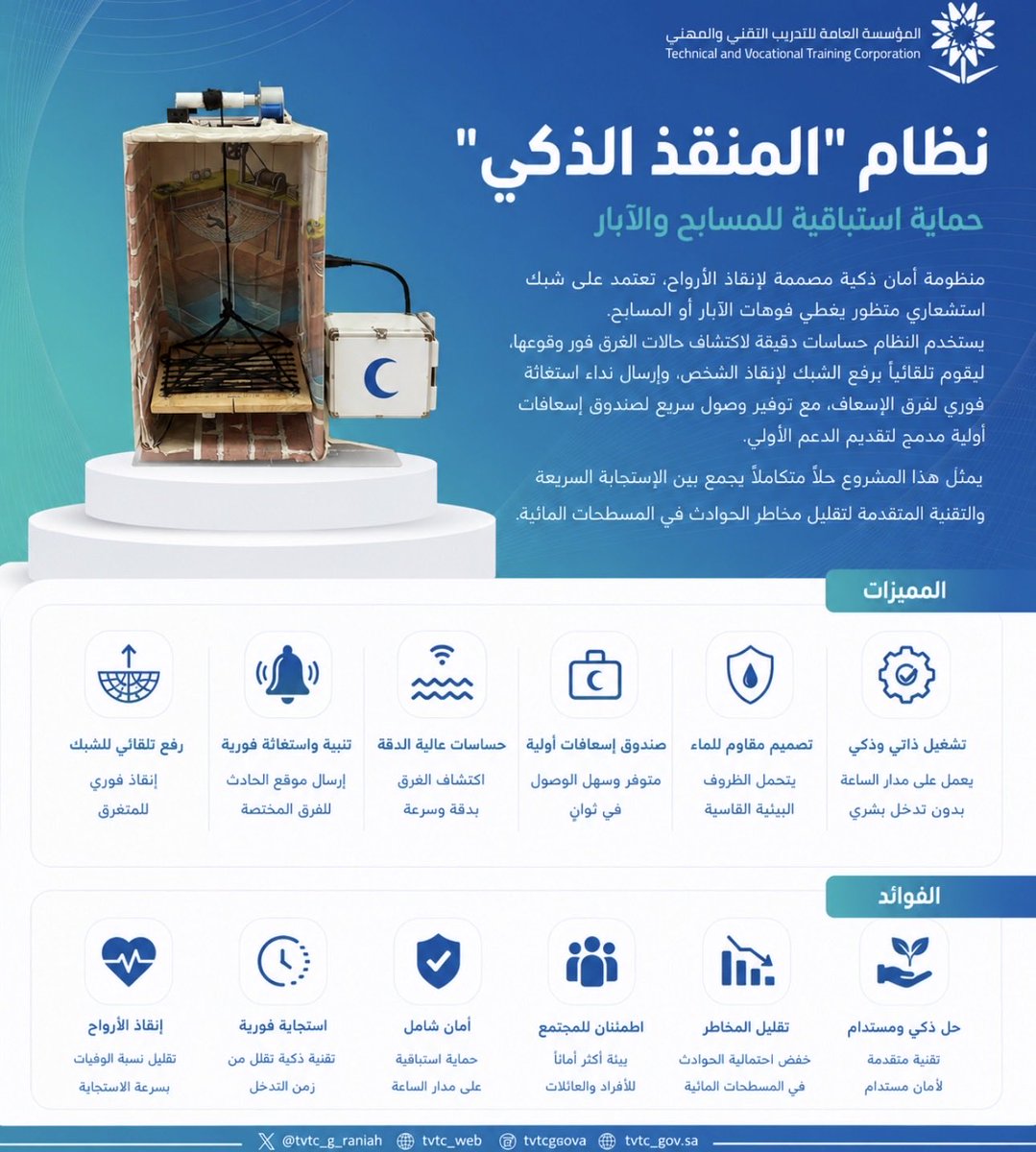 tvtc_g_raniah's tweet photo. المشروع الثالث ||

نظام "المنقذ الذكي": حماية استباقية للمسابح والآبار

#التدريب_التقني 
#tvtc_makkah https://t.co/AX4VQsQDyc