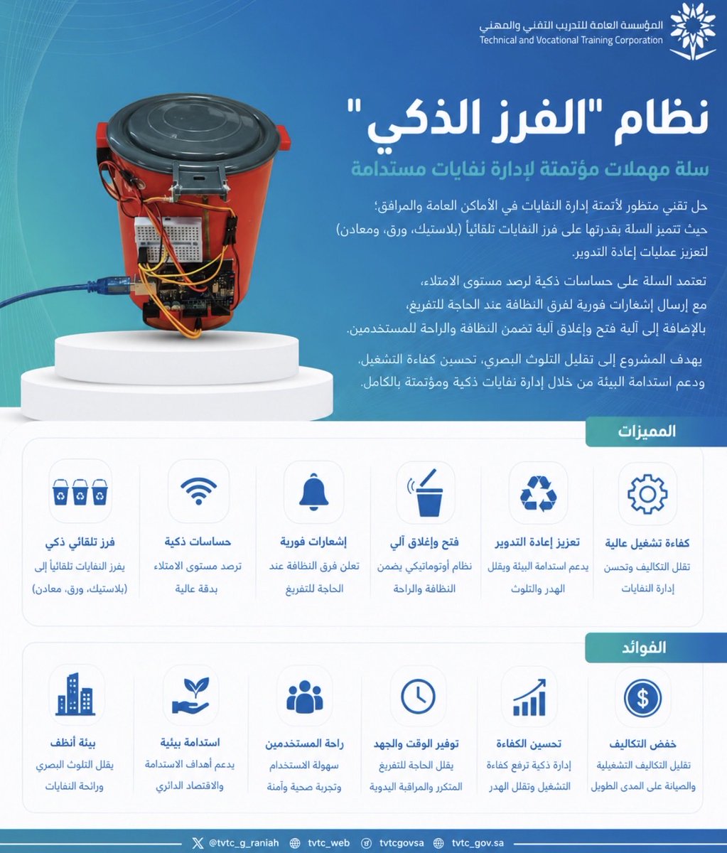 tvtc_g_raniah's tweet photo. المشروع الرابع ||

نظام "الفرز الذكي": سلة مهملات مؤتمتة لإدارة نفايات مستدامة

#التدريب_التقني 
#tvtc_makkah https://t.co/aCt3Z2nFEy