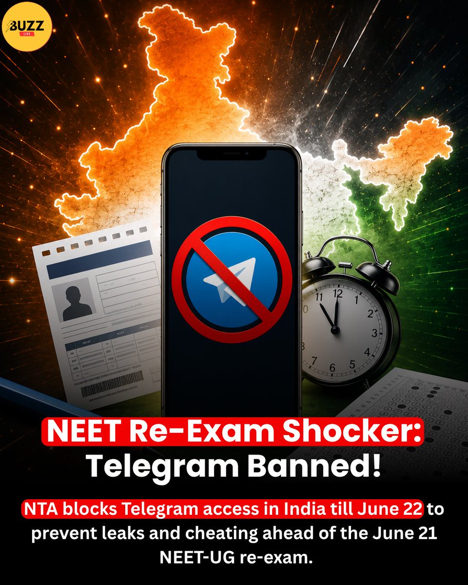 BuzzLive26's tweet photo. Telegram banned in India till June 22 ahead of NEET-UG re-exam (June 21). NTA cites cheating concerns. Telegram CEO Pavel Durov calls it a mistake. #NEET #Telegram #BuzzLive https://t.co/5PnVxaMG9Z