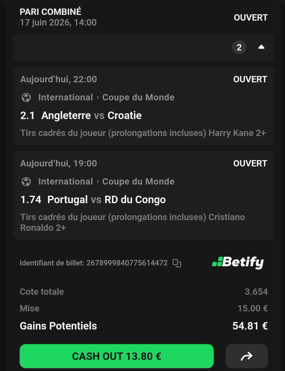 BetClem_'s tweet photo. BETS #WORLDCUP2026 🌍 SPÉCIAL BETIFY 🟢 17/06 🗓️ 

🇵🇹 C. Ronaldo x 🏴󠁧󠁢󠁥󠁮󠁧󠁿 H. Kane cadre 1 tir ou + @1.50 (2.4%)
🇵🇹 C. Ronaldo x 🏴󠁧󠁢󠁥󠁮󠁧󠁿 H. Kane cadre 2 tirs ou + @3.65 (0.6%)
Disponible ici 👇
https://t.co/DaTf90iBoC
🎁 50% de ton 1er dépôt en freebet jusqu'à 200€

❤️ Si tu soutiens https://t.co/9XYQjImU3Y