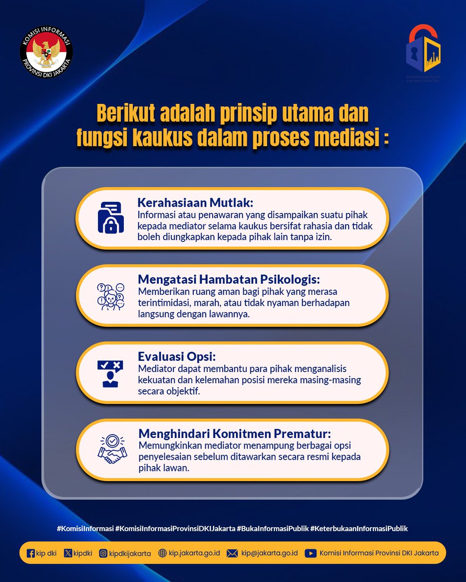 kipdki's tweet photo. Kaukus menjadi salah satu tahapan penting dalam mediasi sengketa informasi. Melalui pertemuan terpisah antara mediator dan para pihak, berbagai kepentingan, hambatan, serta alternatif penyelesaian dapat digali secara lebih terbuka dan konstruktif.

#SengketaInformasi https://t.co/ZwVoiKppX1