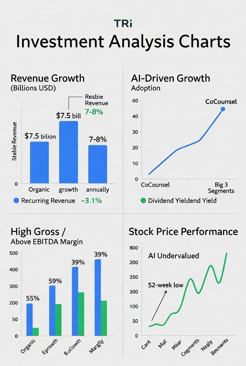 JustinReed62's tweet photo. What are TRI's core businesses? How are they affected by AI?

Is the current valuation attractive? What are the growth drivers?

What are the short-term risks and opportunities? Is it worth buying?

Thomson Reuters is a leading global content and technology company, primarily providing legal, tax, accounting, compliance, and corporate professional information services, while also owning Reuters news. AI is a significant growth driver (fiduciary-grade AI tools like CoCounsel have millions of users), but its recent stock price has fallen to near a 52-week low due to concerns about the generalization of AI and market rotation, indicating an undervaluation of AI beneficiaries.

Business Structure: Revenue is driven by the "Big 3" of Legal Professionals, Corporations, and Tax & Accounting, with Reuters news as a supplement.

Financial Highlights: Stable high gross margin, high recurring revenue share, and an attractive dividend payout ratio (dividend yield approximately 3.1-3.15%).

AI Progress: Collaborating with Anthropic and Microsoft to launch highly reliable professional AI tools; strong Q1 revenue growth and reaffirmed full-year guidance.

Valuation: The current P/E ratio is approximately 23x (trailing), lower than historical levels or some peers; the average analyst target price is $123-$135 (some higher to $150+), implying significant upside potential, but recent downward revisions have been made (e.g., BofA to $98).

Stock Price Performance: Recently fluctuating between $78 and $83, far from previous highs (which once exceeded $200), it is at a relatively low level.

#NVDA

#TSLA

#MU

#SOFI

#NFLX

#ASTS

#RXT