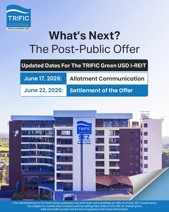 MwangoCapital's tweet photo. TRIFIC has revised two key post-public offer dates for the Green USD I-REIT:

— Allotment communication has moved from 16 June to 17 June 2026.
— Settlement of the offer has moved from 18 June to 22 June 2026.

The issuer says the process is still ongoing and that applicants and interested investors will be updated as the offer moves through allotment and settlement.

Learn More: https://t.co/ake3EFmHcP
