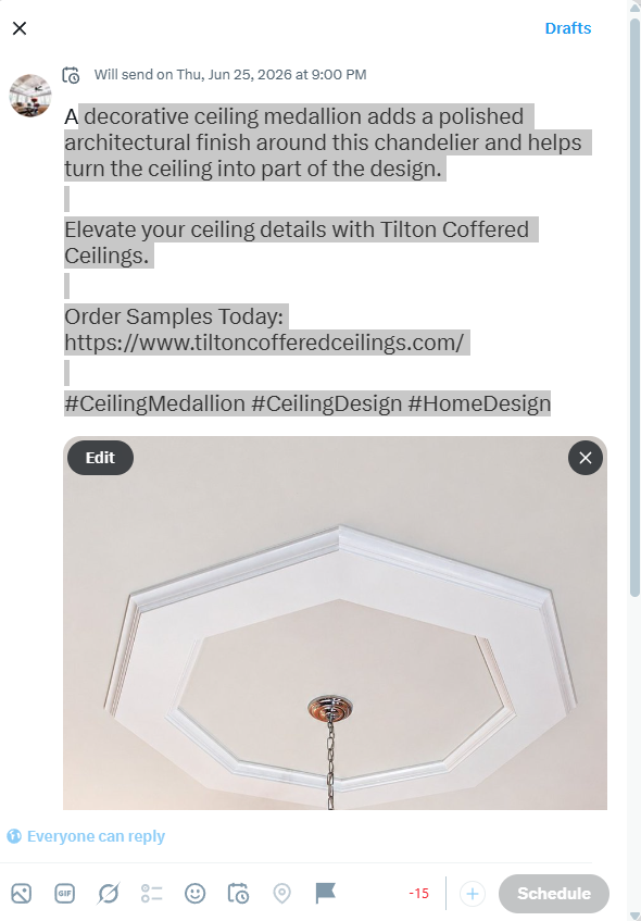 Tilton_Coffered's tweet photo. A ceiling medallion adds architectural character and transforms a light fixture into a focal point.
Elevate your ceiling with Tilton Coffered Ceilings.
Order samples:
https://t.co/Opmc27gQNl
#CeilingDesign #HomeDesign https://t.co/i5JWcN5kvD