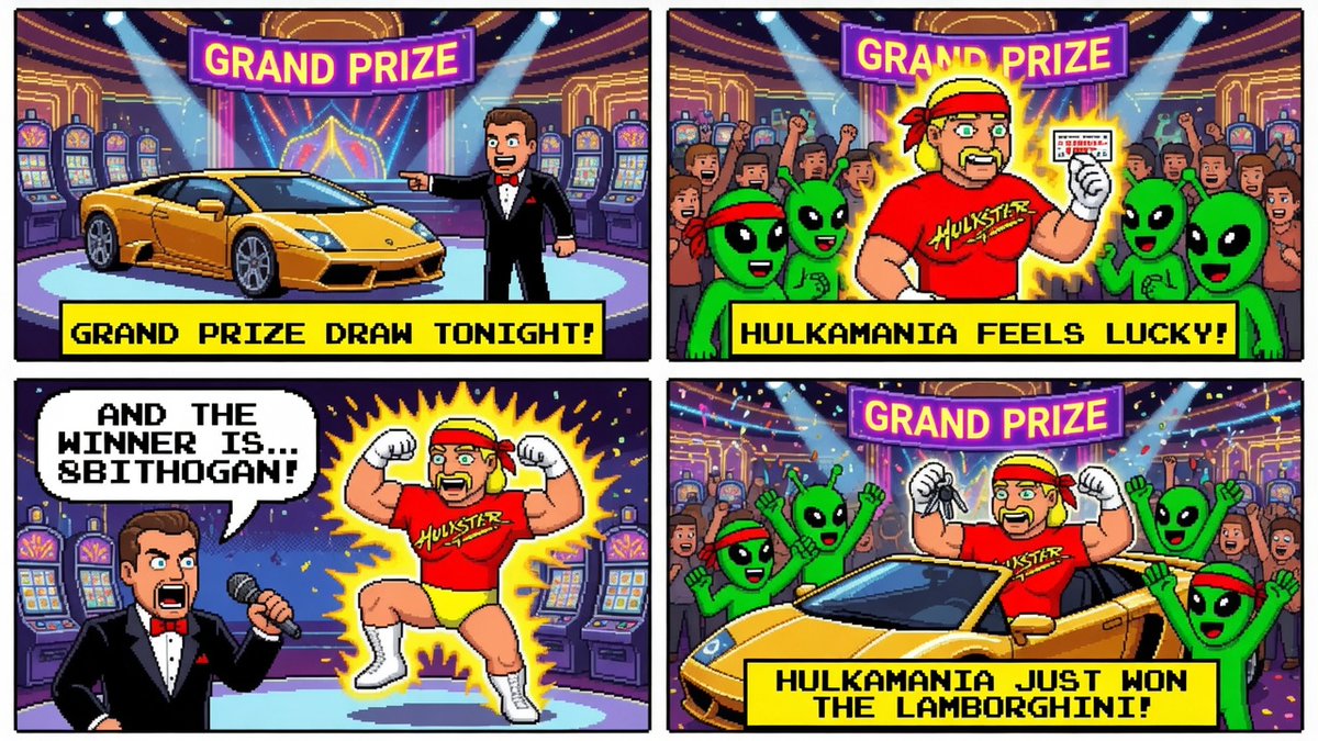 8BitHogan's tweet photo. 🛸 EPISODE 7: Winning the Lamborghini

"HULKAMANIA FEELS LUCKY!"

Vegas is officially conquered 💪🏎️✨
New episode every day  🔥

$8BITHOGAN
https://t.co/ADtuEzAGvh

#8BitHogan #Hulkamania #Vegas #Solana #Memecoin #VegasBaby #PixelArt #Lamborghini https://t.co/FdcW0x2n0w