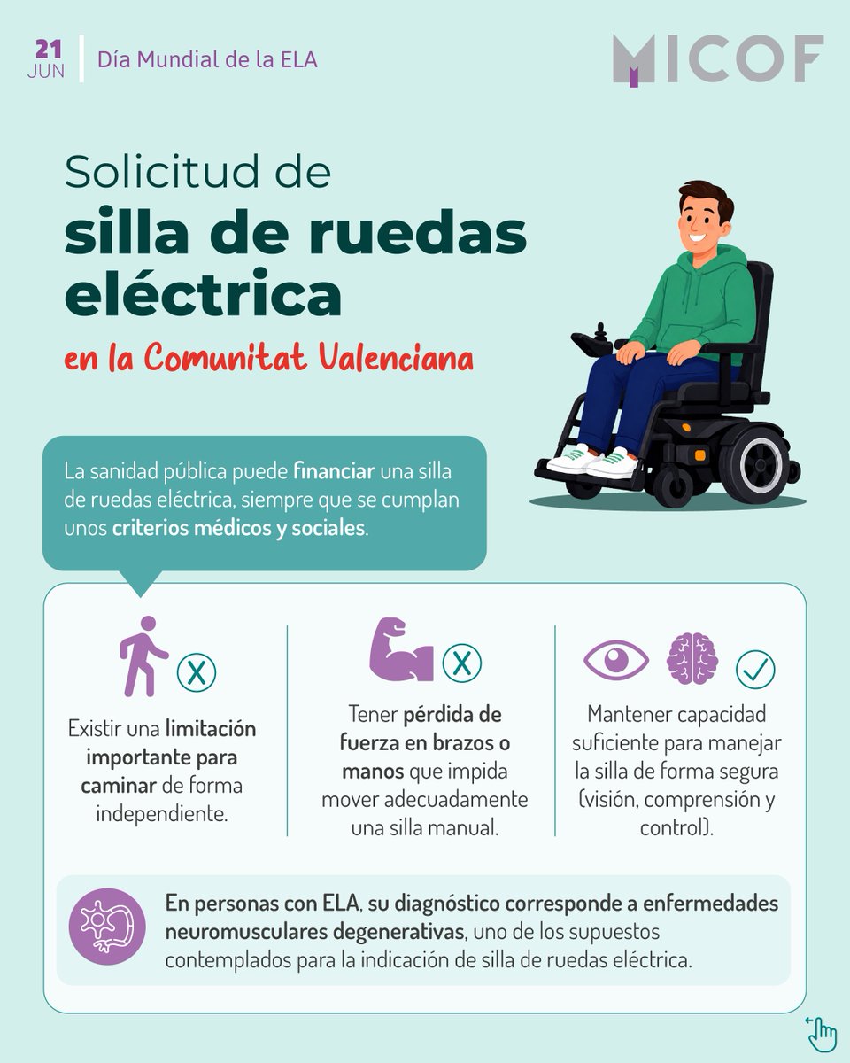 micofvlc's tweet photo. 📅 En el Día Mundial de la ELA informamos sobre la posibilidad de solicitar una silla de ruedas eléctrica.

👉 En personas con ELA, su diagnóstico corresponde a enfermedades neuromusculares degenerativas, uno de los supuestos contemplados para su indicación. ✅ https://t.co/9iVuETKZCk