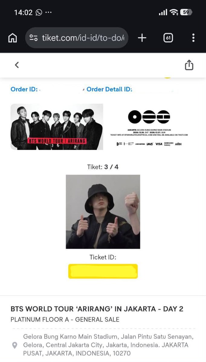 jpggcom's tweet photo. [WTS] 2 TIX PLATINUM FLOOR DAY 2  GENSALE
BTS WORLD TOUR ‘ARIRANG’ IN JAKARTA

─ Diutamakan yang cari 2 tix
─ Price : 6 juta/tix (boleh nego)
─ Diutamakan yang mau FULL PAYMENT

trusted yaa guys, minat bisa dm yaa🫰

#BTS_ARIRANG_JKT #BTS_ARIRANG #ARIRANG_IN_JAKARTA #WTSBTS https://t.co/bLWVtXyYJu