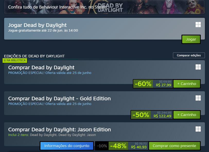 Procyondbd's tweet photo. Não esqueçam que o Dead by Daylight está com período de testes gratuitos até o dia 22! 

E se quiser adquirir o jogo ou DLCs pelas plataformas, tá rolando um desconto bom em quase tudo. Incluindo o jogo narrativo Casting of Frank Stone. Essa promo vai até dia 25, mas pode ser estendida.

Dentro da loja, a promoção por fragmentos deve começar dia 25 mesmo, que é a data do evento in-game. Não existe promoção em pacotes de auric em si, mas em muitos cosméticos e personagens.