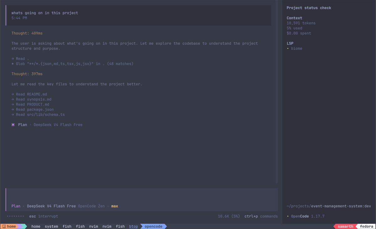 samarth7na's tweet photo. @opencode idk whats going on but oc isnt working and stucks after read tool use its just does nothing and i can start new threads it says worked has been terminmated whats the issue it linux issue opencode issue or bun issue  or what https://t.co/qipiVxbDCB
