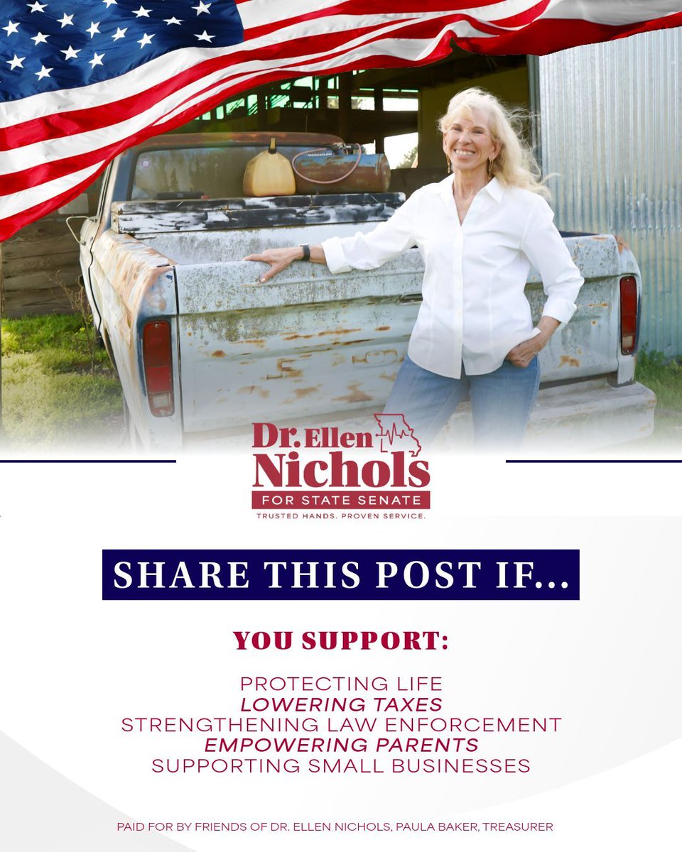 drellennichols's tweet photo. Share this post if you support common-sense conservative leadership for Southwest Missouri! 🙌

#JoplinMO #NeoshoMO #MOSD32 

@mogop_jasper 
@SWMOYR https://t.co/x7qpBznHbP