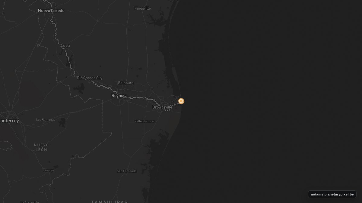 NotamUpdates's tweet photo. Flight 13 Rocket Activity Notice from Brownsville, Texas, window open from Jan 01 24:00 UTC to Jan 01 23:59 UTC (366d)
#RocketActivity #Brownsville
https://t.co/FBmQFwXmp2 https://t.co/JoW7tYIgpJ
