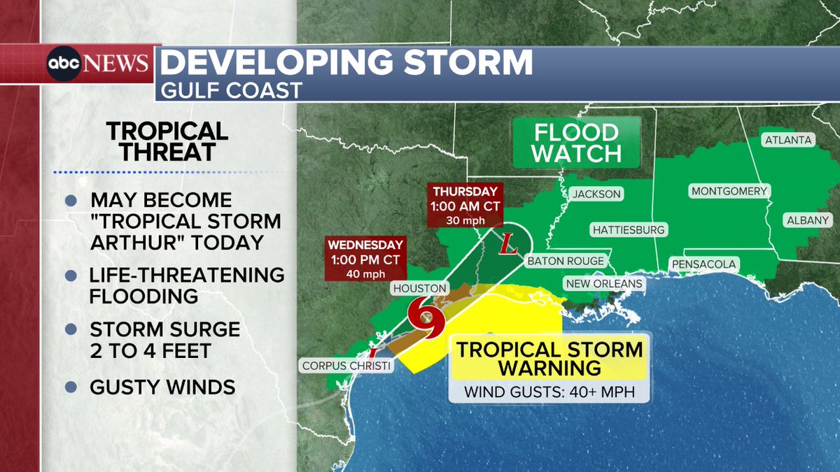 Ginger_Zee's tweet photo. That storm hugging the Texas coast will have impacts to Louisiana to Georgia and the Florida panhandle in flood watch no matter if it gets a name or not: https://t.co/JYNoBgKX0M