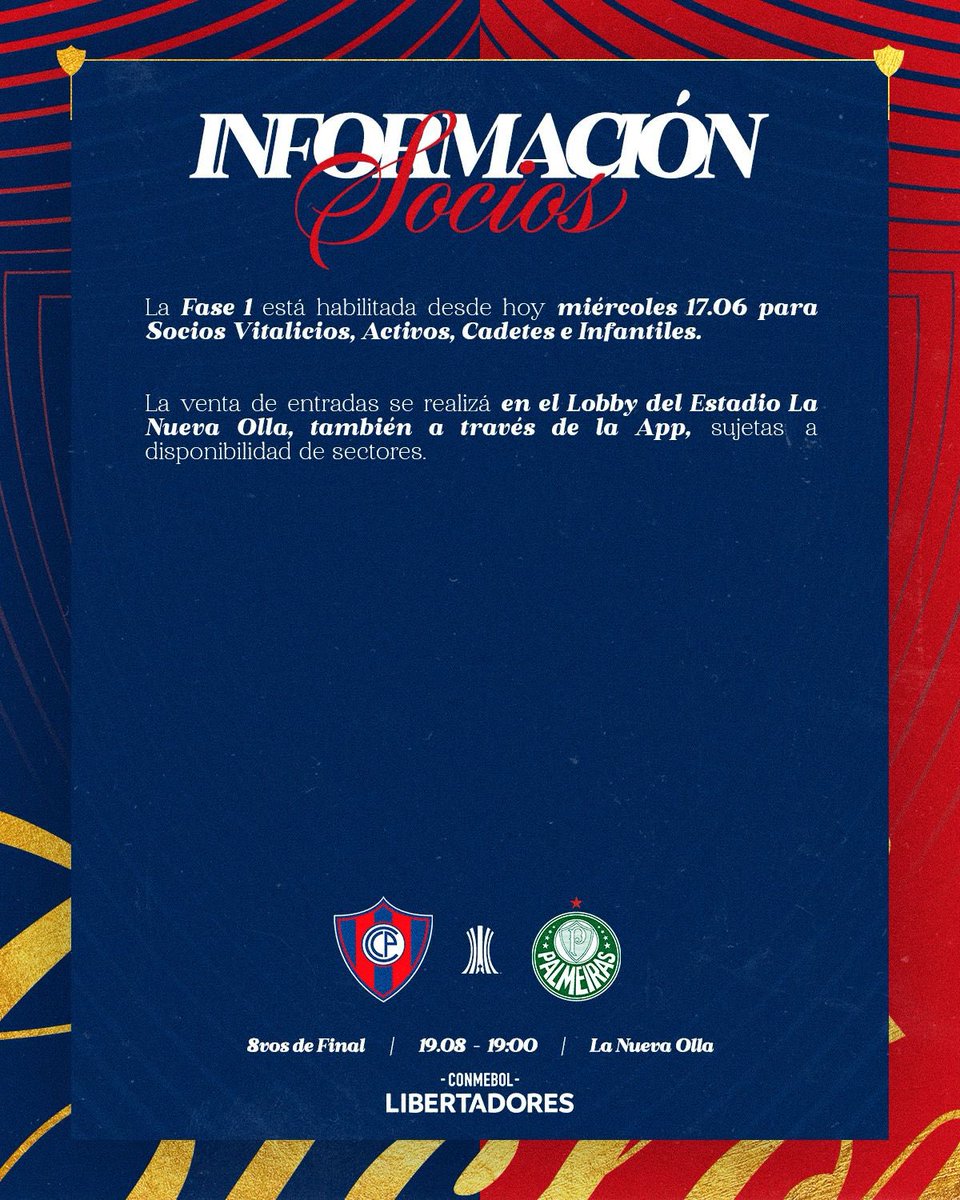 CCP1912oficial's tweet photo. ✅ 𝐏𝐮𝐞𝐛𝐥𝐨 𝐀𝐳𝐮𝐥𝐠𝐫𝐚𝐧𝐚, informamos que desde 𝐡𝐨𝐲 𝐦𝐢𝐞́𝐫𝐜𝐨𝐥𝐞𝐬 está habilitada la 𝐅𝐚𝐬𝐞 𝟏 de 𝐯𝐞𝐧𝐭𝐚 𝐝𝐞 𝐞𝐧𝐭𝐫𝐚𝐝𝐚𝐬 exclusiva para @SociosCCP

Cerro Porteño 🆚 Palmeiras 

📆 Miércoles 19.08
⌚️ 19:00
🏟️ Estadio La Nueva Olla

📲🌪️ 𝐂𝐨𝐦𝐩𝐫𝐚́ 𝐚 𝐭𝐫𝐚𝐯𝐞́𝐬 𝐝𝐞 𝐥𝐚 𝐀𝐩𝐩 𝐲 𝐞𝐧 𝐞𝐥 𝐋𝐨𝐛𝐛𝐲 𝐝𝐞 𝐋𝐚 𝐍𝐮𝐞𝐯𝐚 𝐎𝐥𝐥𝐚
