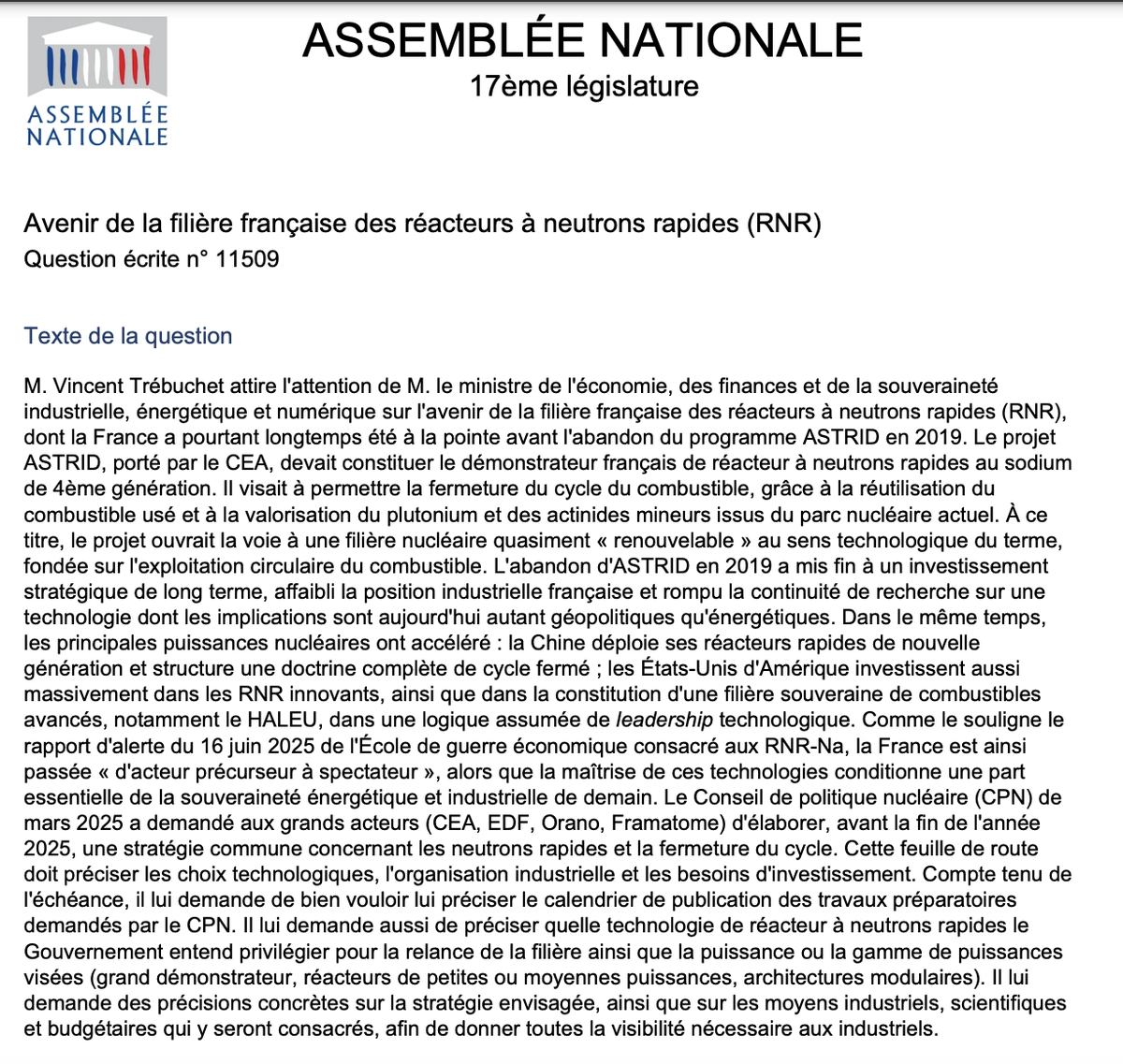 cbLlaure's tweet photo. Regardez l'indigence de la réponse du Ministère à une question écrite posée par l'UDR sur la relance de la filière des neutrons rapides (pour une fois qu'ils répondent à une QE ...)
Ce Gouvernement est totalement à la rue.
#nucléaire #fastneutron https://t.co/toav4EFWh5