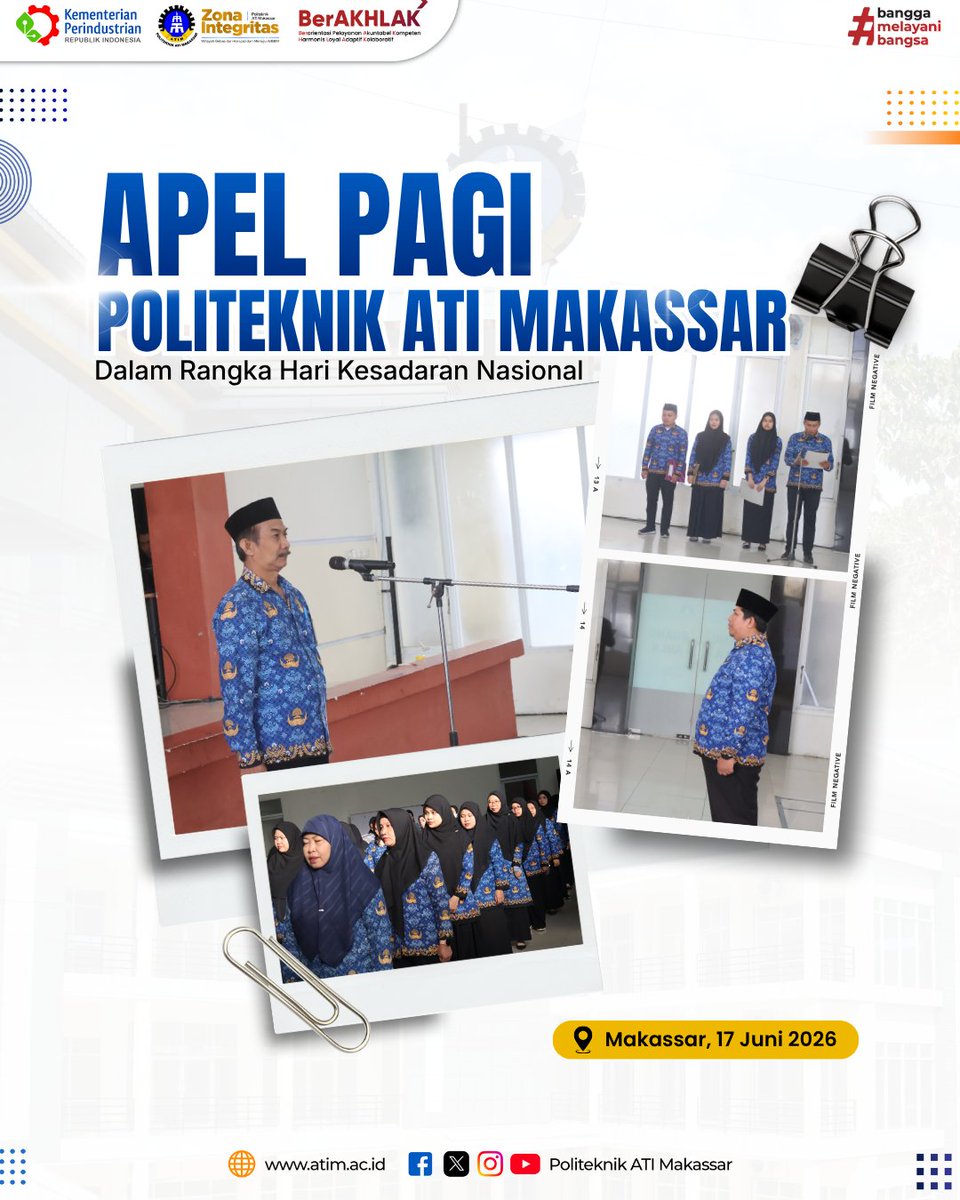 poltek_atim's tweet photo. Politeknik ATI Makakassar melaksanakan apel pagi, Rabu (17/06/2026) dalam rangka Hari Kesadaran Nasional. Apel pagi ini dipimpin Direktur Politeknik ATI Makassar, Muhammad Basri. https://t.co/rzGr6UC0VH