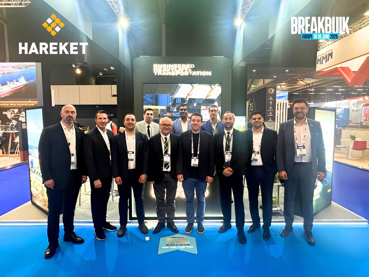 HareketProject's tweet photo. Breakbulk Europe 2026 continues with full energy on Day 2.💫
Our gentlemen are holding the fort at 📍Booth 2G54-H55, welcoming visitors and sharing HAREKET's engineered heavy lift and transportation expertise with the global project cargo community.
 
Let's connect and explore new challenging projects together 😎
 
 #HAREKET #BreakbulkEurope #BreakbulkEurope2026 #BBEU2026 #HeavyTransportation #HeavyLifting