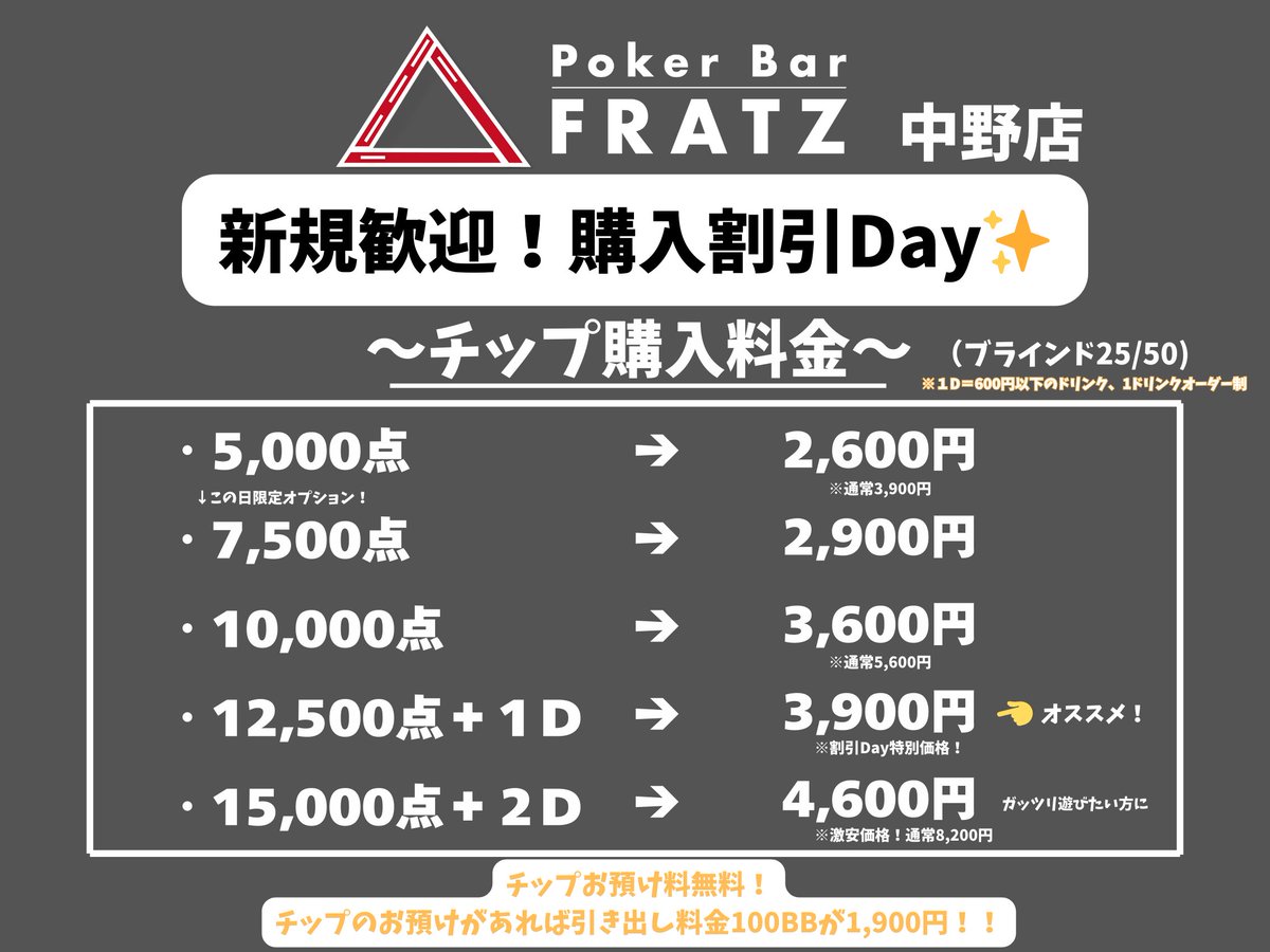 fratznakano's tweet photo. 6/17(水)は、

18:30~

新規の方歓迎❗️購入割引リングゲーム✨

初回チップ購入がかなり安くなります！
100BB購入はなんと2600円⚡️

https://t.co/qdNgUUMZ1Q
＃新規歓迎 ＃初心者歓迎 ＃ポーカー https://t.co/x7jHycyzNA