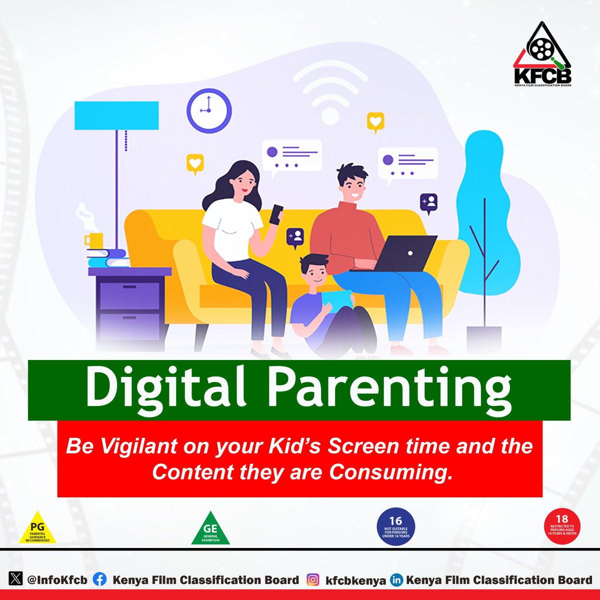 InfoKfcb's tweet photo. As part of its consumer advisory function, the @InfoKfcb (KFCB) remains committed to enhancing parental awareness of emerging technologies through its Parents’ Digital Literacy Program (PaDiL), aimed at equipping parents, guardians, and caregivers with the skills needed to safely monitor and guide children’s consumption of audio-visual content across digital platforms.

In today’s digital environment, children are increasingly exposed to content through smartphones, smart TVs, tablets, and online streaming platforms. This makes active parental guidance more important than ever, especially during school holidays and mid-term breaks when screen time often increases.

The focus is not just on access, but on what children are consuming and how long they are exposed. Research has shown that film and media content influence the behaviour and thinking of consumers, especially children, who are highly impressionable.

The issue is ideally not the gadgets, but the need for parental controls. These include enabling device-level restrictions, activating content filters, setting age-appropriate profiles, using safe search settings, monitoring watch history, and setting daily screen time limits.

Beyond controls, parents are encouraged to set clear routines for screen time across all devices, including smartphones and smart TVs, while also encouraging offline activities that support learning, creativity, and family interaction.

Online safety is a collective responsibility. Protecting children from exposure to inappropriate content requires collaboration between parents, guardians, caregivers, regulators, and digital service providers, ensuring a safer and more responsible digital environment for minors.

The Kenya Film Classification Board is a State regulatory agency in the State Department of Youth Affairs and Creative Economy, mandated under the Films and Stage Plays Act, Cap. 222, to regulate audiovisual content in Kenya, ensuring alignment with the country’s moral values and national aspirations while protecting children and other vulnerable audiences from exposure to inappropriate content. @Waziri_Mvurya @NellyMuluka @fikirini_jacobs @nellymuluka @moyasa_ke @SDY_Ke @SpokespersonGoK @koske_felix @citizentvkenya @KBCChannel1 @KenyaNewsAgency