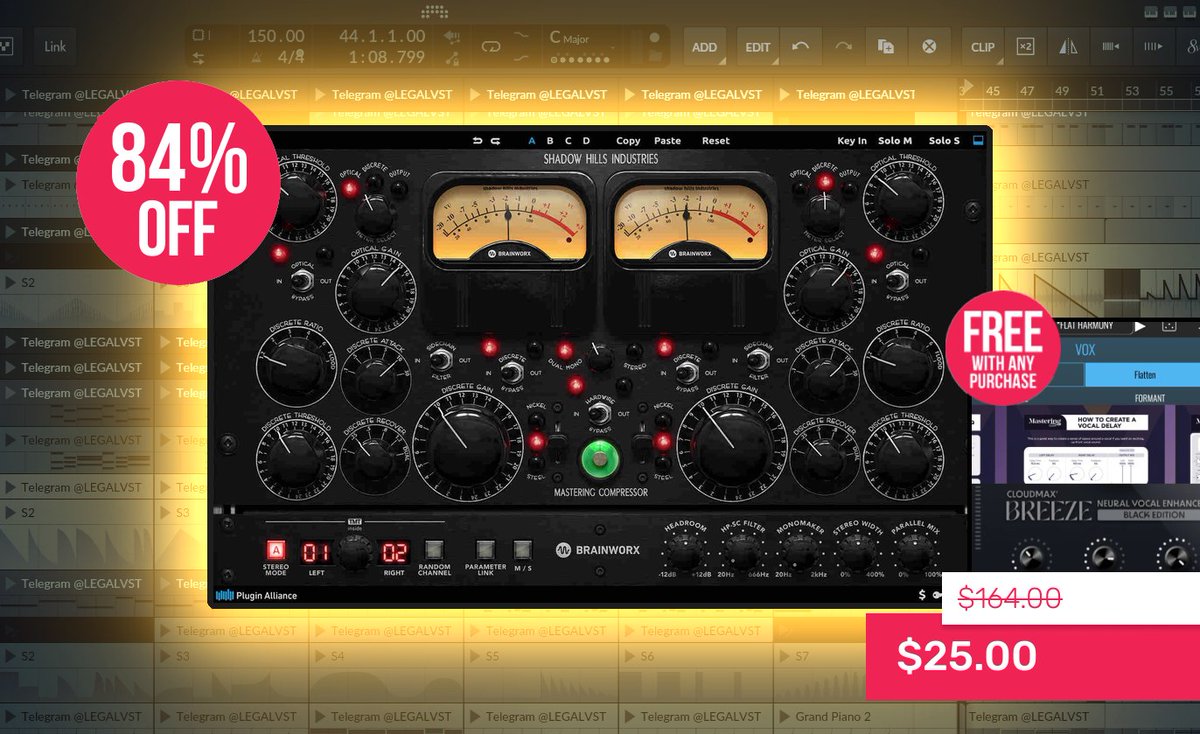 LEGAL_VST's tweet photo. Shadow Hills Comp by Plugin Alliance 🎛️
Class-A comp w/ Lundahl transformers

💻 Mac/Win (AAX, AU, VST3)
⚡️$25 (reg. $164) + FREE plugin 🔗 https://t.co/3hANPJ7hTG

#pluginalliance #mastering #compressor #sale #musicproduction https://t.co/tUGzBk8tBW