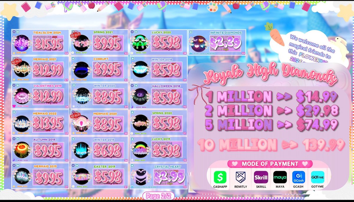 ilovesumooo's tweet photo. **💗👑 ROYAL HIGH HALOS &amp; 💎 DIAMONDS SHOP 👑💗**

✨ Trusted &amp; Fast Service | Safe Deals Only ✨

**🏷️ Rate: $14.99 per 1M Value** 
**🚚 Delivery: • ⚡ Instant (in-stock items)**

💳 Payment Methods: WU | PayPal (F&amp;F) | Cash App (+$3) | Remitly | Gcash | Skrill https://t.co/zBwNo1Z1nH