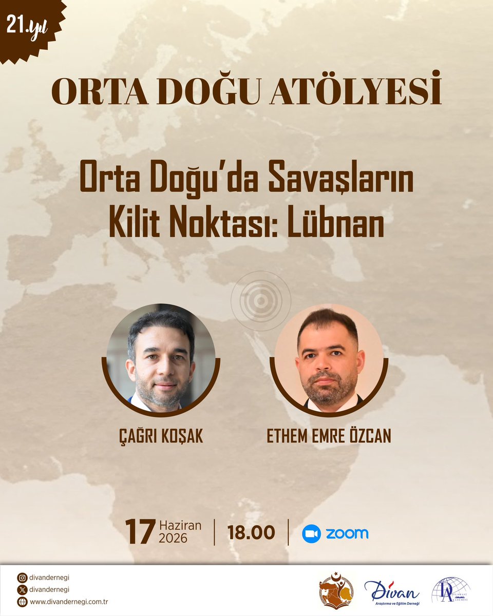 DivanDernegi's tweet photo. 🌎 Orta Doğu Atölyesi kapsamında “Orta Doğu’da Savaşların Kilit Noktası: Lübnan” başlıklı programı gerçekleştirilecektir.

📌 14 Haziran 2026 | Saat: 18.00 https://t.co/TP21XgTKsb