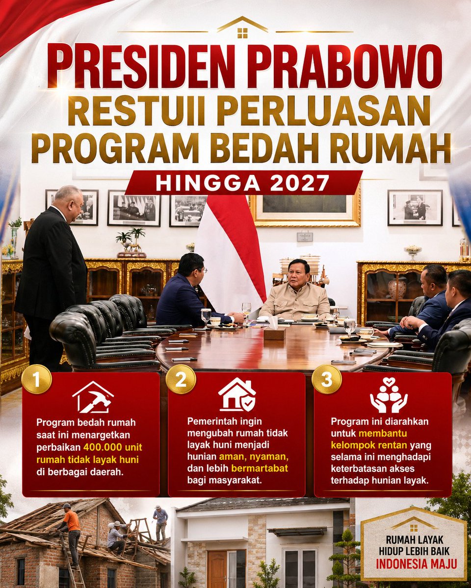 infonegaraa's tweet photo. Perluasan program bedah rumah hingga 2027 menjadi komitmen nyata untuk meningkatkan kualitas hidup masyarakat melalui hunian yang lebih layak, aman, dan nyaman. 🏠🇮🇩
#jagaindonesia #Indonesiaamandamai #fokuskerja #politiksejuk #stabilitasuntuksemua https://t.co/jQZGlcuvbl