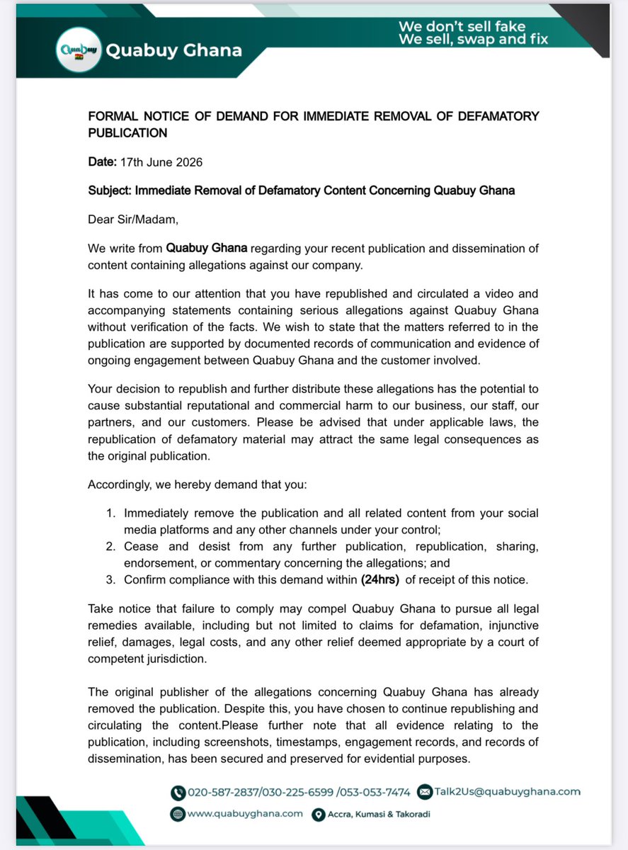 quabuygh's tweet photo. @desguyyt1 This letter serves as a formal legal notice and should be treated with the seriousness it deserves.Continued publication may expose you to legal liability for the republication of potentially defamatory content. https://t.co/UlhzVb03jr