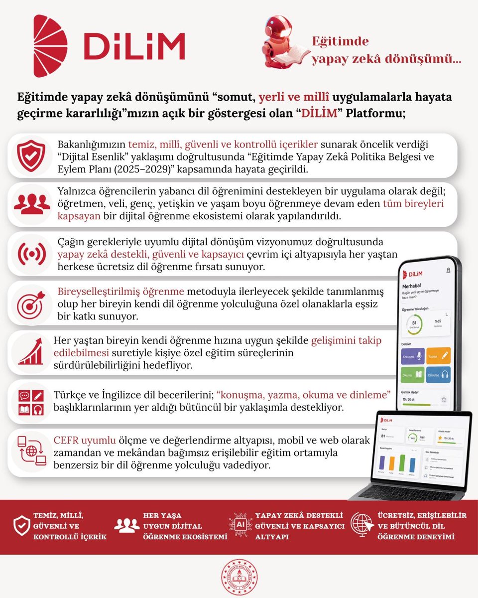 tekirdagmem's tweet photo. Millî Eğitim Bakanlığının yeni dijital öğrenme platformu DİLİM, yabancı dil öğrenmek isteyen vatandaşlara ücretsiz erişim sağlayacak.

Yerli ve millî teknolojiler kullanılarak geliştirilen uygulama, bireylerin kendi öğrenme hızlarında ilerlemelerine imkân tanıyor.

İlk etapta İngilizce eğitimine odaklanan platformun kapsamının zamanla genişletilmesi öngörülüyor.

#Dilim

@tcmeb 
@Yusuf__Tekin
@drazizyeniyol