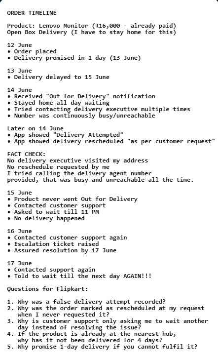 ryeinn_05's tweet photo. @Flipkart  @flipkartsupport  What is the purpose of Flipkart customer support if they cannot resolve a delivery issue when the product is already at the nearest hub for last 4 days and only needs to be delivered? and why do u promise to deliver that same product in 1D if u can't? https://t.co/CdG0UiKEgB