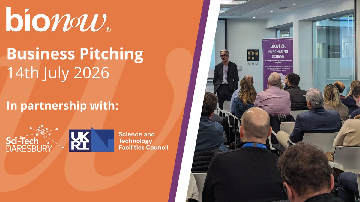 Bionow's tweet photo. Why come to #BusinessPitching at @SciTecDaresbury on 14 July? It's a great opportunity to present to the #LifeSciences and #Biomedical community, AND a chance to hear about the latest #innovations from leading companies. 

https://t.co/zCuqbLsfSB 

@STFC_Matters https://t.co/cdzq3sBWbw