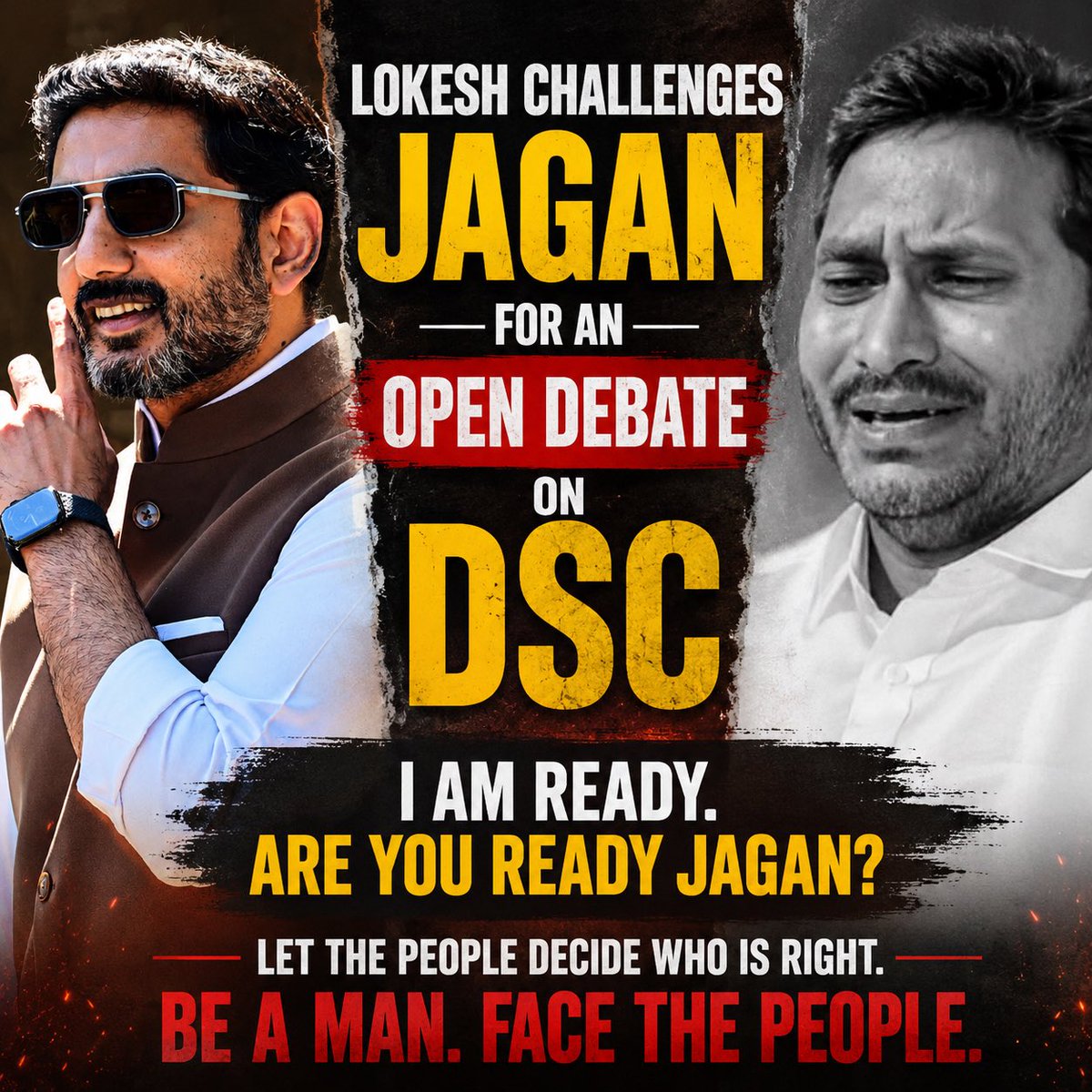 iTDP_Official's tweet photo. The clock starts ticking at 1:00 PM..

No fake narratives. No excuses. No recorded pressmeets ..!

Come before the people and let #AndhraPradesh hear both sides. 

Let the youth decide. 
Let the people decide.

For once, step out of the palace and face a one-on-one public debate.

@naralokesh is ready 🔥🔥🔥

Are you ready, @ysjagan..?

#LokeshOpenChallengeToJaganOnDSC
#AndhraChoosesJobs