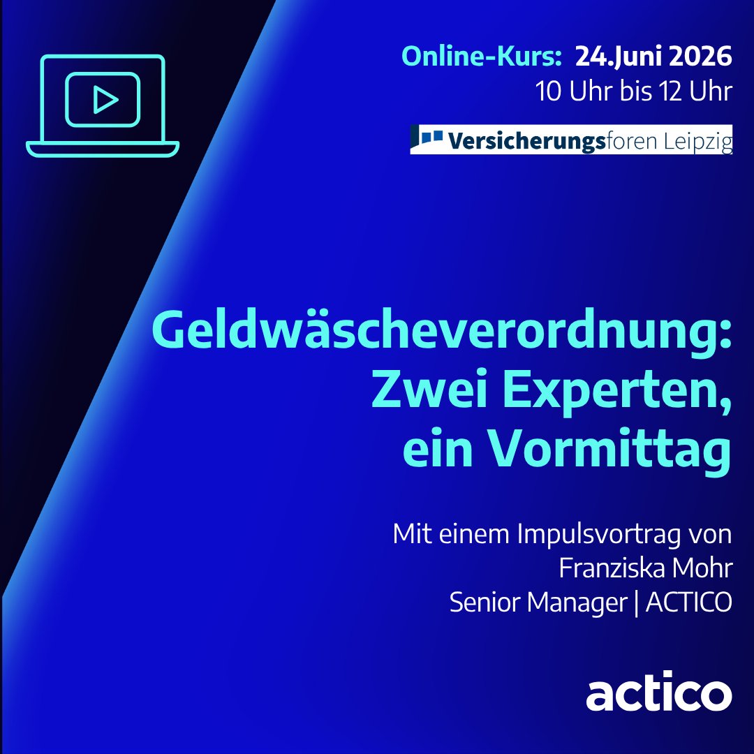 ACTICO_de's tweet photo. Online-Kurs bei den Versicherungsforen Leipzig
24. Juni 2026, 10:00–12:00 Uhr.
Thema: EU-Geldwäscheverordnung für #Versicherer

Anmeldung für Mitglieder: :
https://t.co/GFmvmxZcfb. Nicht-Mitglieder über E-mail bei event@actico.com.

#Versicherungen #AML #Geldwäscheprävention https://t.co/c9yYLpHsjU