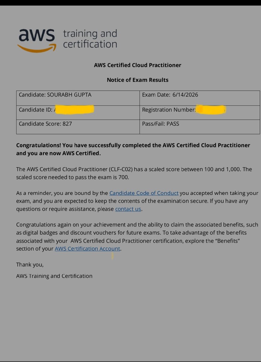 SOURABHGUP91601's tweet photo. I’ve officially cleared the AWS Cloud Practitioner certification exam! 🥳🥹
From learning cloud fundamentals to understanding AWS cloud, Amazon Web Services and cloud computing 
#AWS #AWSCloudPractitioner #CloudComputing #AWSCertified #LearningInPublic https://t.co/rBIZ6hQSLl