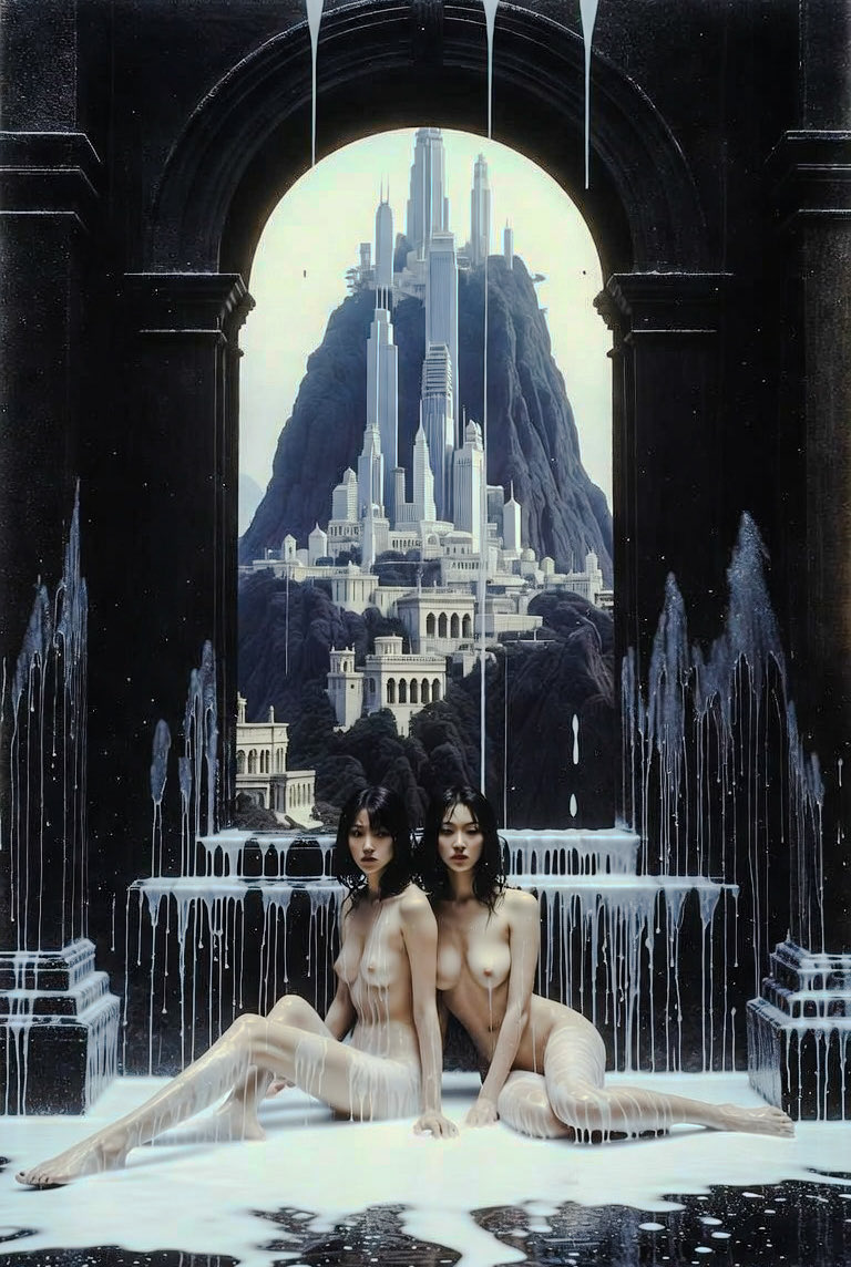 FluidFlowWorld's tweet photo. Two sirens of the void, bathed in forbidden milk, gaze upon the spire-city of forgotten gods. In this liminal temple between worlds, desire drips eternal.
 In the Obsidian Sanctum, high above the fractured peaks of Elyria, the Oracle Twins sat in sacred vigil. Their skin glistened with the Living Nectar — the last essence of the old world — as it cascaded endlessly from their bodies, pooling like liquid moonlight across the marble floor.
They had come here centuries ago, or perhaps only moments, time fractured like the jagged city lights below. One whispered prophecies into the wind; the other listened to the heartbeat of the mountain. Their touch anchored the veil between reality and dream.
Below, neon spires and ancient ruins flickered in uneasy harmony, a civilization balanced on the edge of transcendence or ruin. The Twins did not judge. They simply watched, dripping, eternal, waiting for the next soul brave enough to climb the endless stairs and ask what they had seen.

#SurrealDreamscape #EternalDrip #MilkAndObsidian #DigitalMythology #FantasyVisions