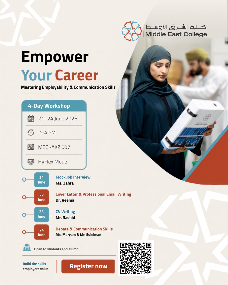 MEC_Oman's tweet photo. Looking to improve your CV, prepare for interviews, or communicate more confidently? 💼🎓

Join this 4-day workshop and build practical employability and communication skills that can help you feel more prepared for future opportunities.

📲 Scan the QR code to register. https://t.co/ckNlzlBZSy