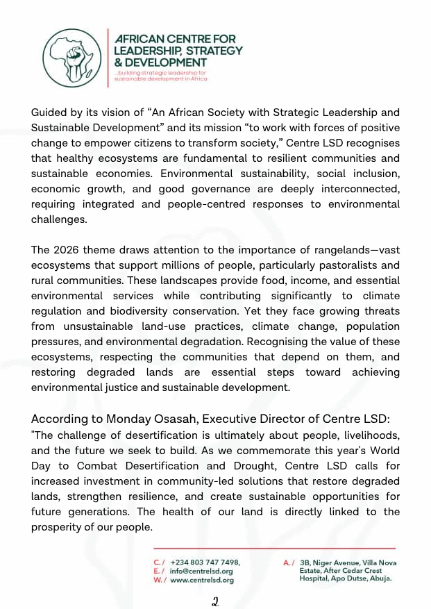 centrelsd's tweet photo. On this World Day to Combat #Desertification and #Drought, @CentreLSD reaffirms its commitment to working with all forces of positive change to strengthen community resilience, promote environmental sustainability, &amp;contribute to the achievement of sustainable dev. across Africa. https://t.co/oRSxh6jmsh