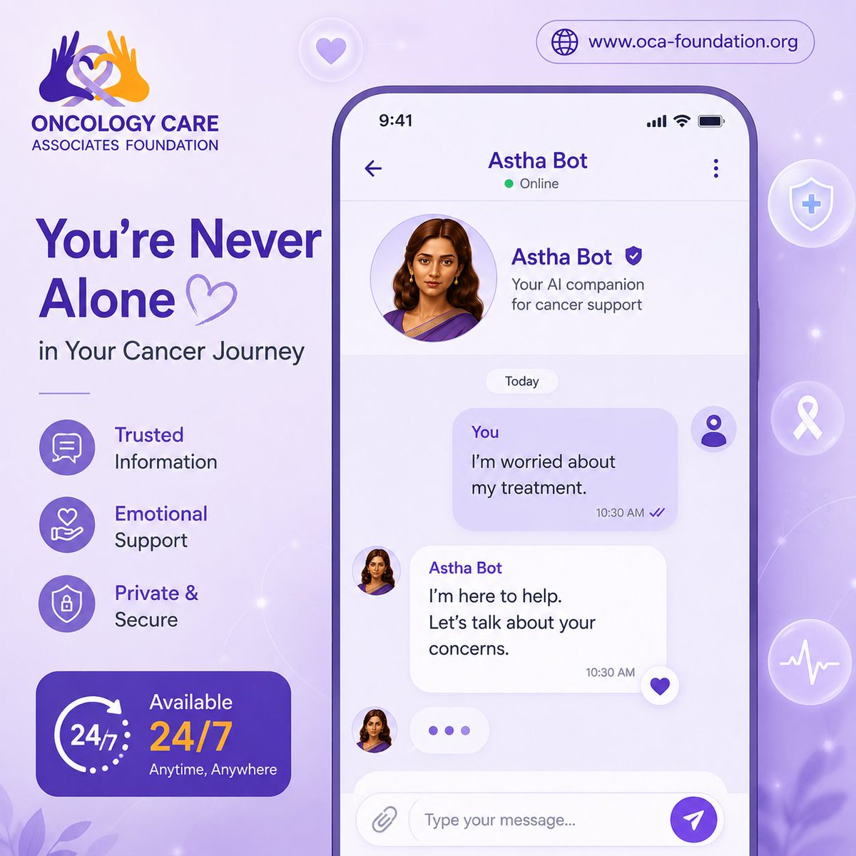 OCA_Foundation's tweet photo. You're never alone in your cancer journey. 💜

Astha Bot is here with trusted guidance, emotional support, and confidential conversations—anytime, anywhere.

🌐 https://t.co/Nbyx0HMyE4

#AsthaBot #CancerCare #CancerSupport https://t.co/BPYN6M0nuH