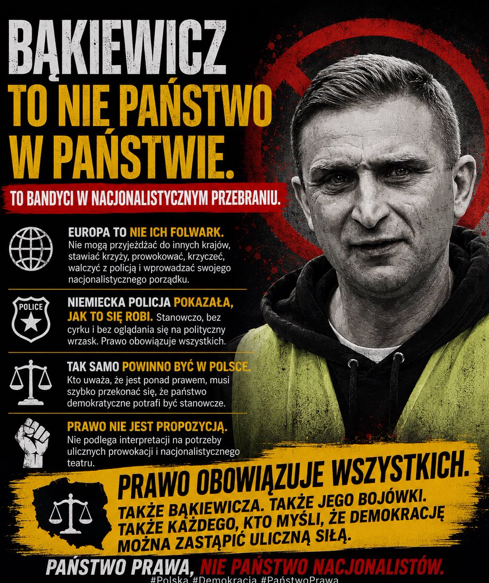 lemoniadowy1969's tweet photo. Bąkiewiczowi i jego ekipie najwyraźniej pomyliła się Europa z prywatnym folwarkiem.

Wydaje im się, że mogą pojechać do dowolnego kraju, stawiać co chcą, robić polityczne prowokacje, wszczynać awantury i jeszcze oczekiwać, że wszyscy będą im klaskać.

Tymczasem niemiecka policja zrobiła dokładnie to, do czego została powołana – wyegzekwowała prawo. Bez celebrowania, bez dyskusji, bez oglądania się na polityczne wrzaski. Po prostu pokazała, że państwo istnieje i działa.

Tak samo powinno być w Polsce.

Jeżeli ktoś uważa, że jest ponad prawem, że może sam wyznaczać granice swoich kompetencji, organizować samowolę i traktować funkcjonariuszy państwa jak wrogów, powinien bardzo szybko przekonać się, że demokratyczne państwo potrafi być stanowcze.

Prawo nie jest propozycją do dowolnej interpretacji. Prawo obowiązuje wszystkich.

Także Bąkiewicza. Także jego bojówki. Także każdego, kto uznał, że demokrację można zastąpić uliczną siłą i nacjonalistycznym teatrem.

#Polska #Demokracja #PaństwoPrawa