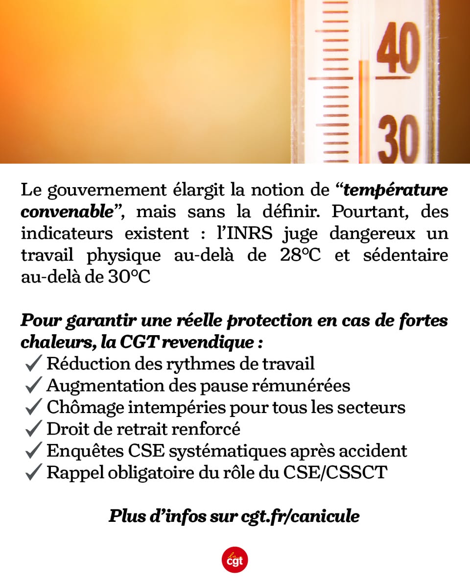 lacgtcommunique's tweet photo. 🚨 Alors qu’une vague de chaleur frappe à nouveau la France, la CGT alerte : aucune mesure vraiment contraignante n’est aujourd’hui en place pour protéger les salarié·es exposé·es aux températures extrêmes.

Pendant que les employeurs regardent les chiffres et que le climat se dérègle, les travailleuses et travailleurs, eux, suffoquent.

Vos droits sont sur  https://t.co/60QlSEI3cb